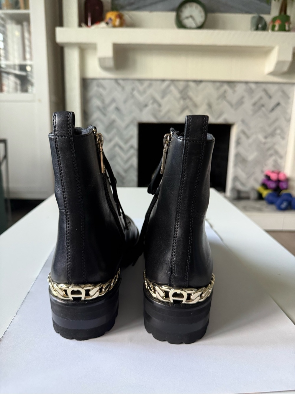 Etienne Aigner Black Ankle Booties with Gold Chain Trim